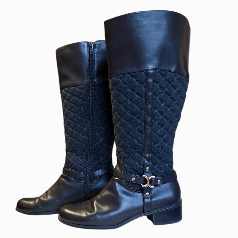 Charter Club Wide Calve Brown Faux Leather & Grey Quilted Riding Boots Sz 7.5